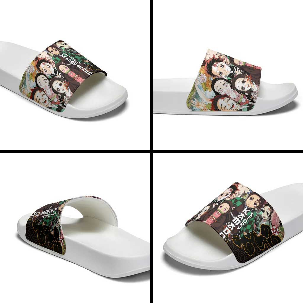 Kamado Siblings Demon Slayer Collage Design Slide Sandals with Tanjiro and Nezuko in Scenic Background - The Mazicc