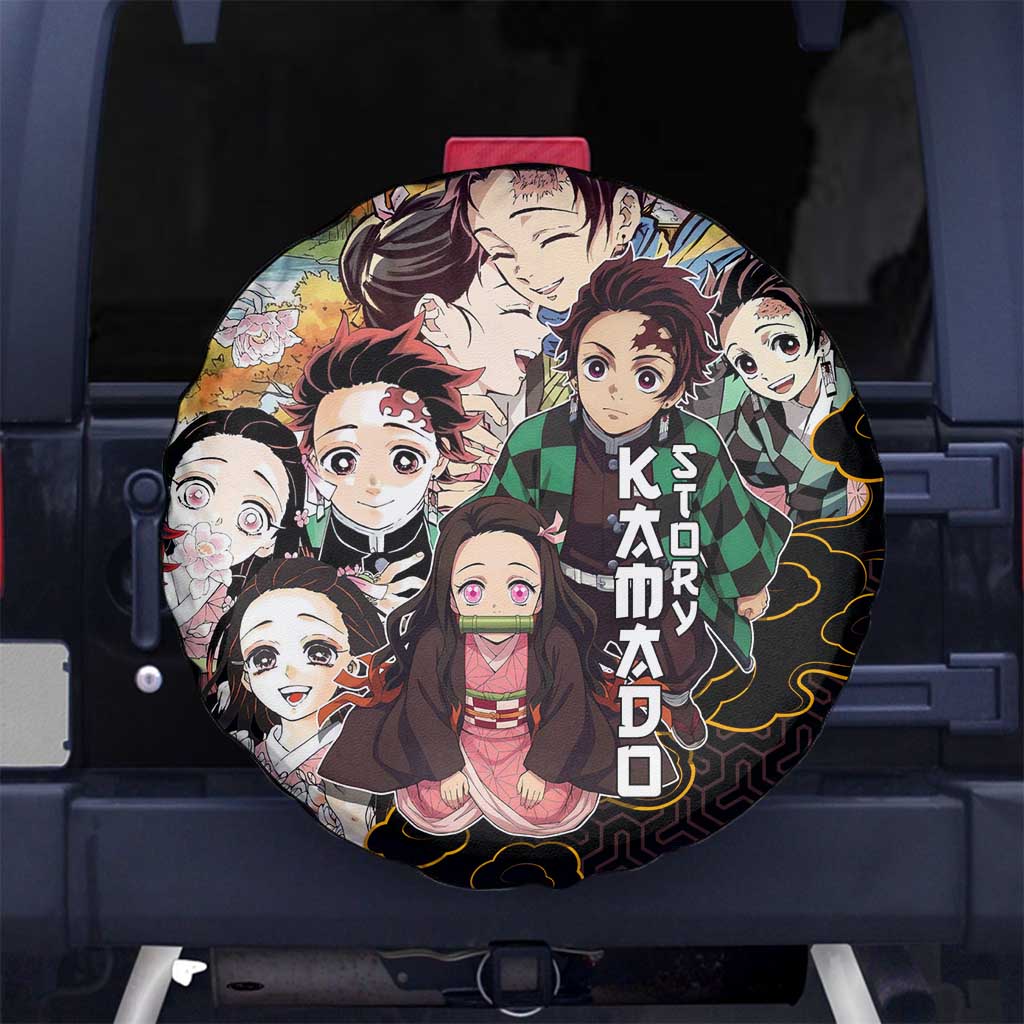 Kamado Siblings Demon Slayer Collage Design Spare Tire Cover with Tanjiro and Nezuko in Scenic Background - The Mazicc