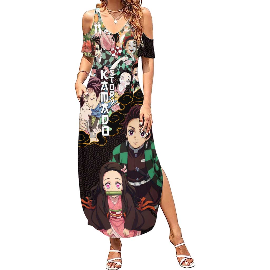Kamado Siblings Demon Slayer Collage Design Summer Maxi Dress with Tanjiro and Nezuko in Scenic Background - The Mazicc