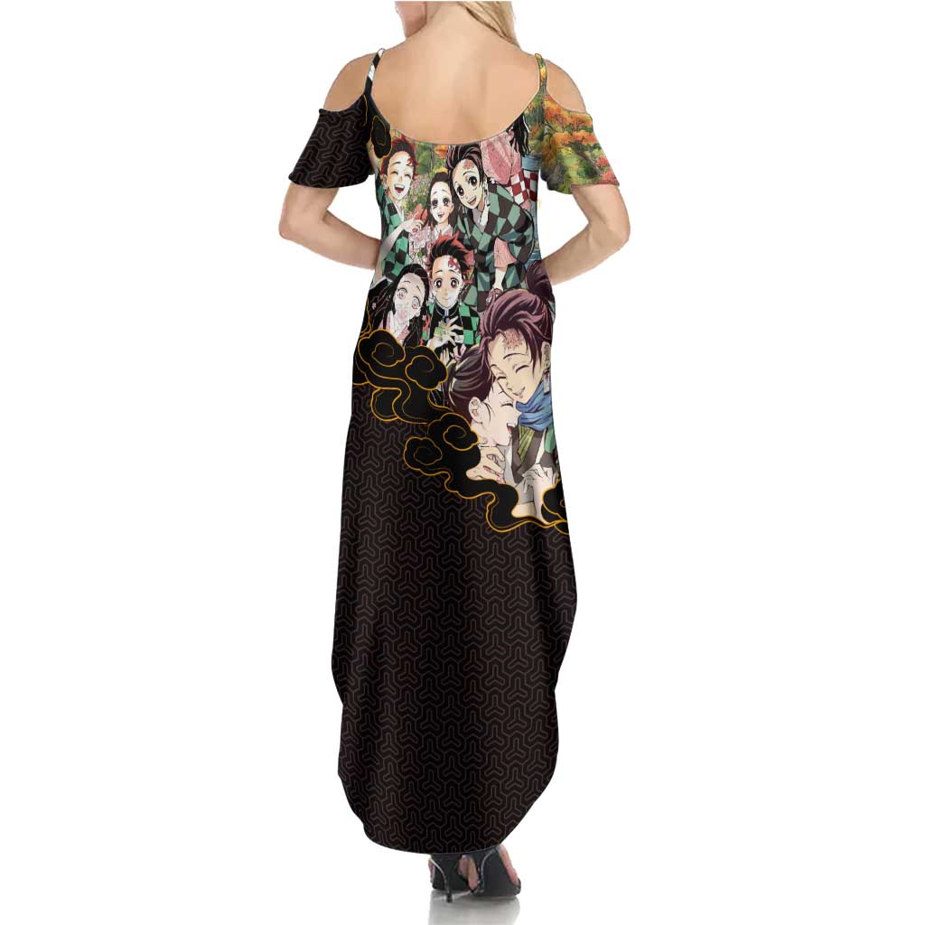 Kamado Siblings Demon Slayer Collage Design Summer Maxi Dress with Tanjiro and Nezuko in Scenic Background - The Mazicc