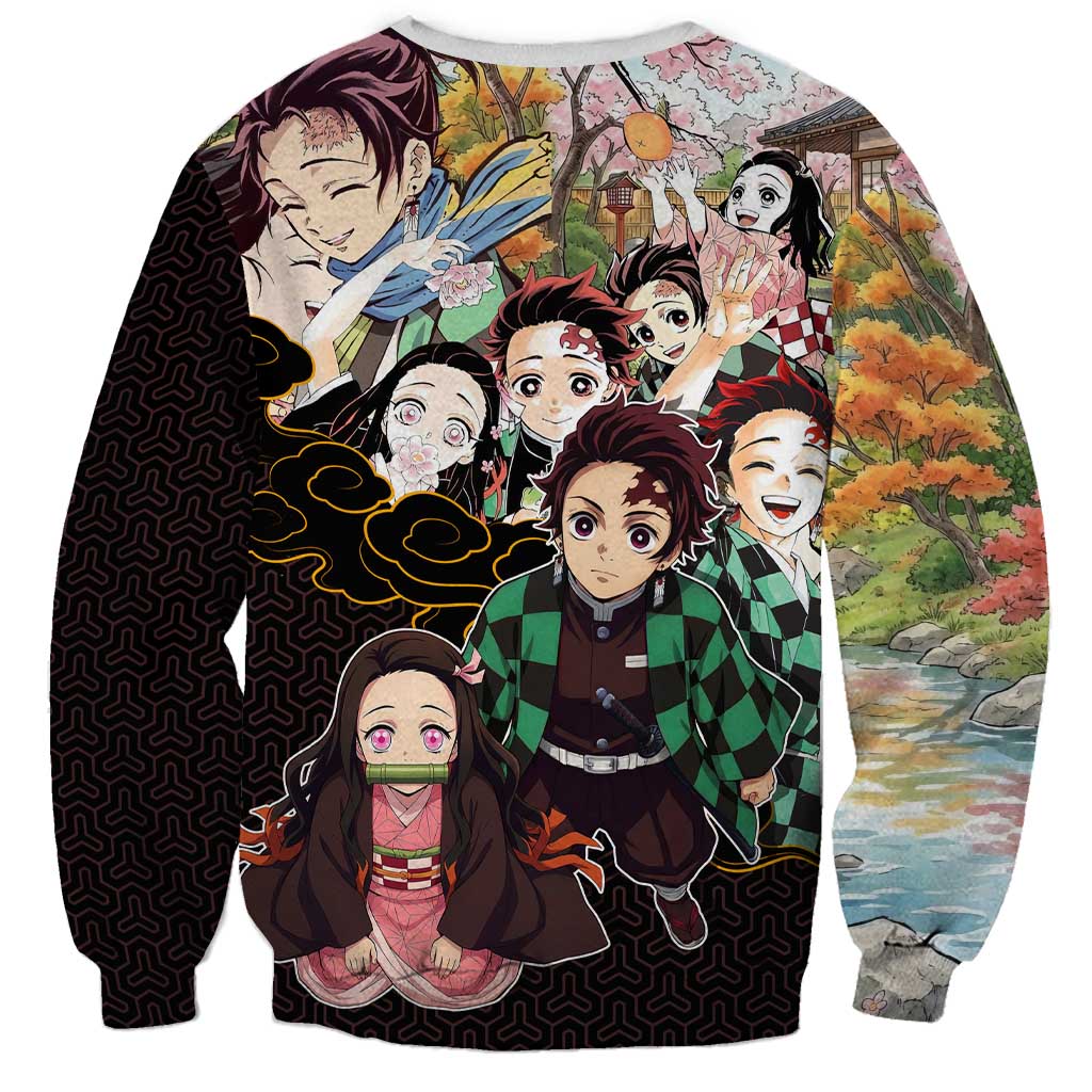 Kamado Siblings Demon Slayer Collage Design Sweatshirt with Tanjiro and Nezuko in Scenic Background - The Mazicc