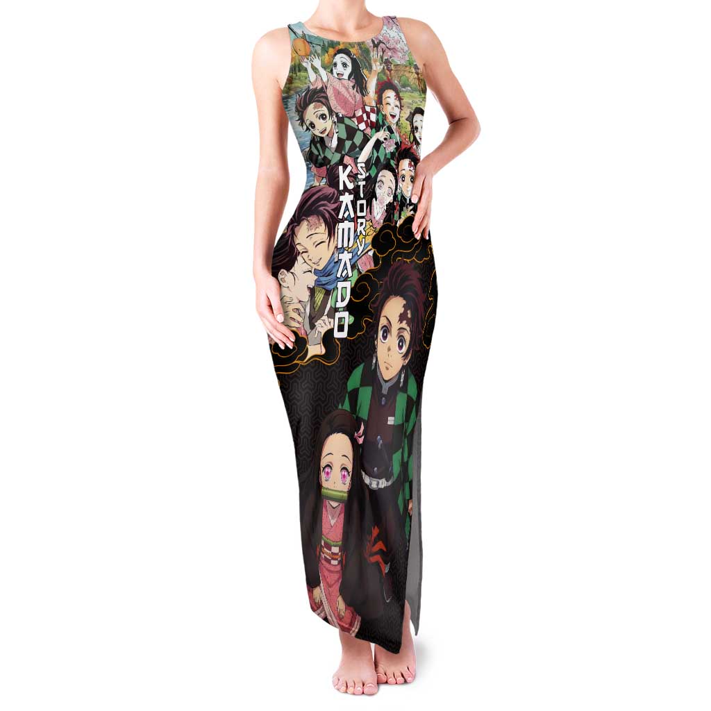 Kamado Siblings Demon Slayer Collage Design Tank Maxi Dress with Tanjiro and Nezuko in Scenic Background - The Mazicc