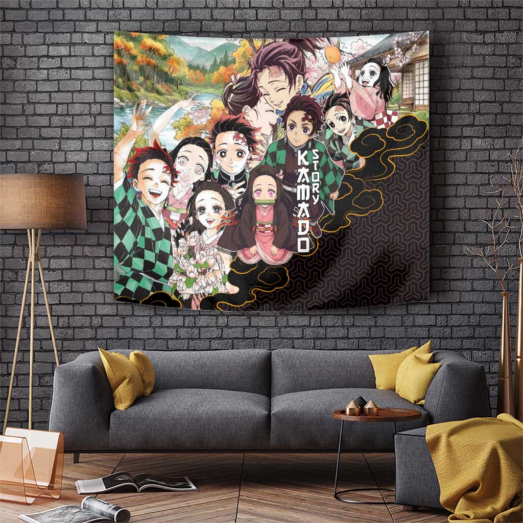Kamado Siblings Demon Slayer Collage Design Tapestry with Tanjiro and Nezuko in Scenic Background - The Mazicc
