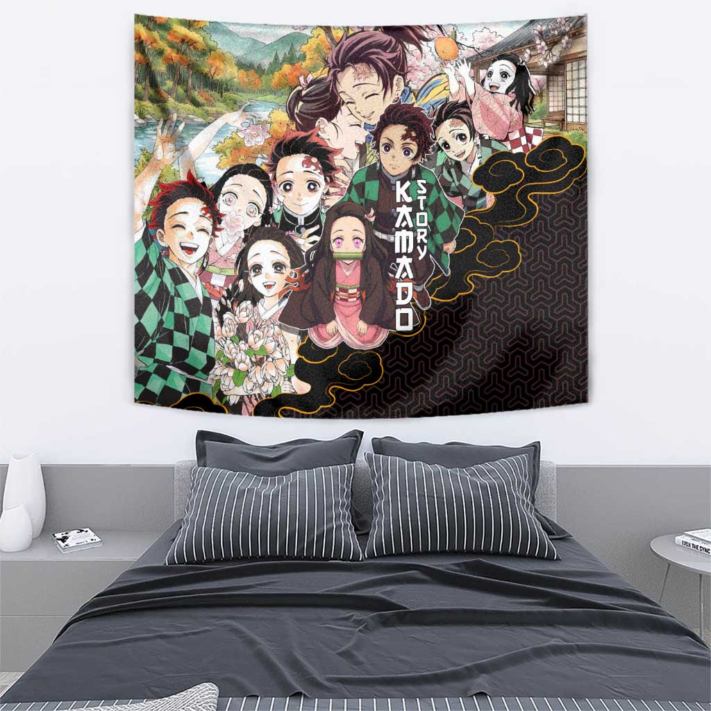 Kamado Siblings Demon Slayer Collage Design Tapestry with Tanjiro and Nezuko in Scenic Background - The Mazicc