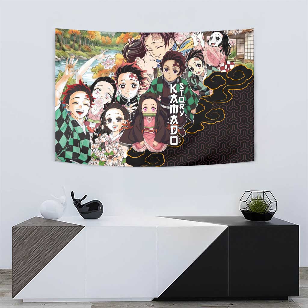 Kamado Siblings Demon Slayer Collage Design Tapestry with Tanjiro and Nezuko in Scenic Background - The Mazicc