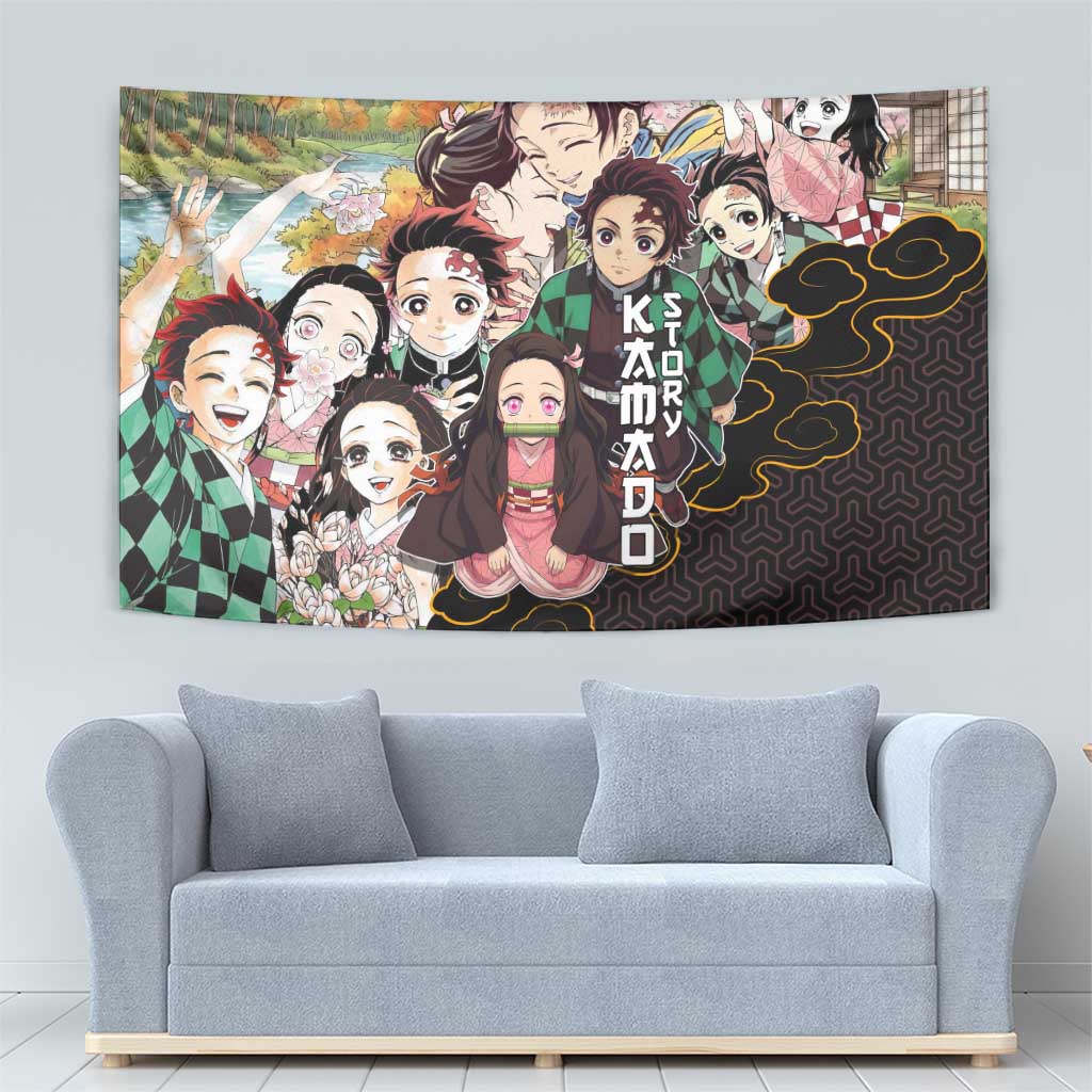 Kamado Siblings Demon Slayer Collage Design Tapestry with Tanjiro and Nezuko in Scenic Background - The Mazicc