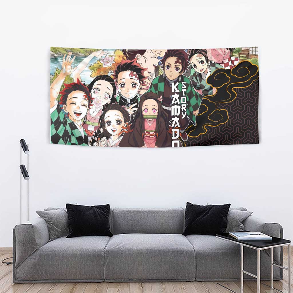 Kamado Siblings Demon Slayer Collage Design Tapestry with Tanjiro and Nezuko in Scenic Background - The Mazicc