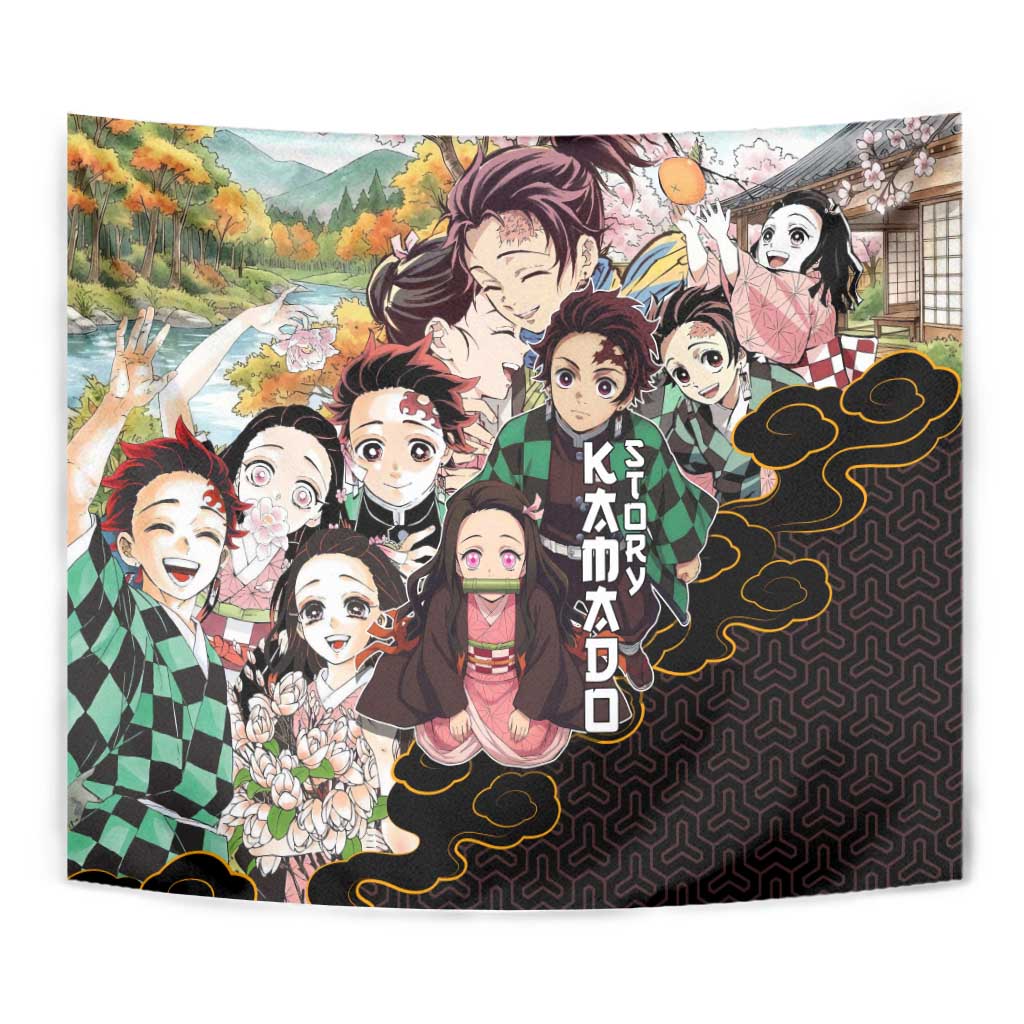 Kamado Siblings Demon Slayer Collage Design Tapestry with Tanjiro and Nezuko in Scenic Background - The Mazicc