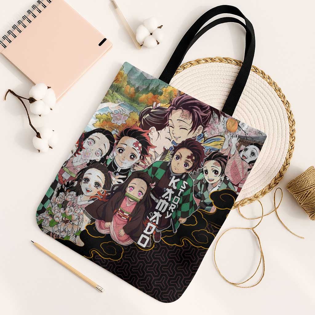 Kamado Siblings Demon Slayer Collage Design Tote Bag with Tanjiro and Nezuko in Scenic Background - The Mazicc