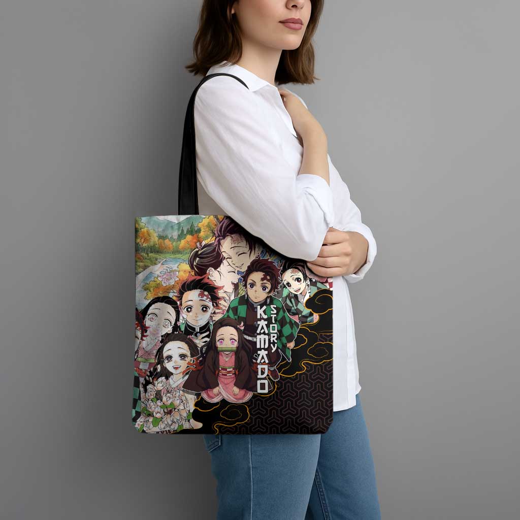 Kamado Siblings Demon Slayer Collage Design Tote Bag with Tanjiro and Nezuko in Scenic Background - The Mazicc