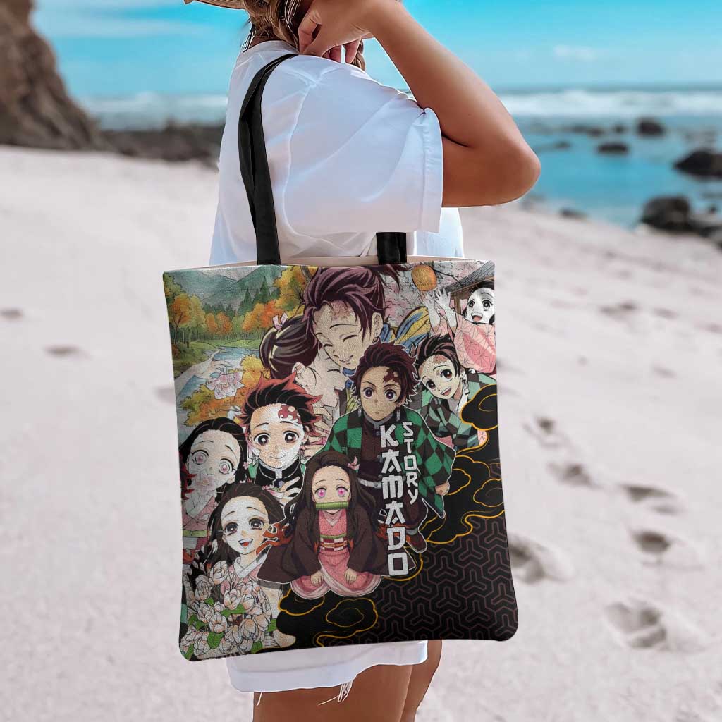 Kamado Siblings Demon Slayer Collage Design Tote Bag with Tanjiro and Nezuko in Scenic Background - The Mazicc