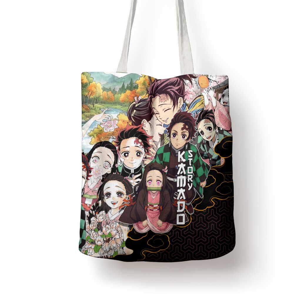 Kamado Siblings Demon Slayer Collage Design Tote Bag with Tanjiro and Nezuko in Scenic Background - The Mazicc