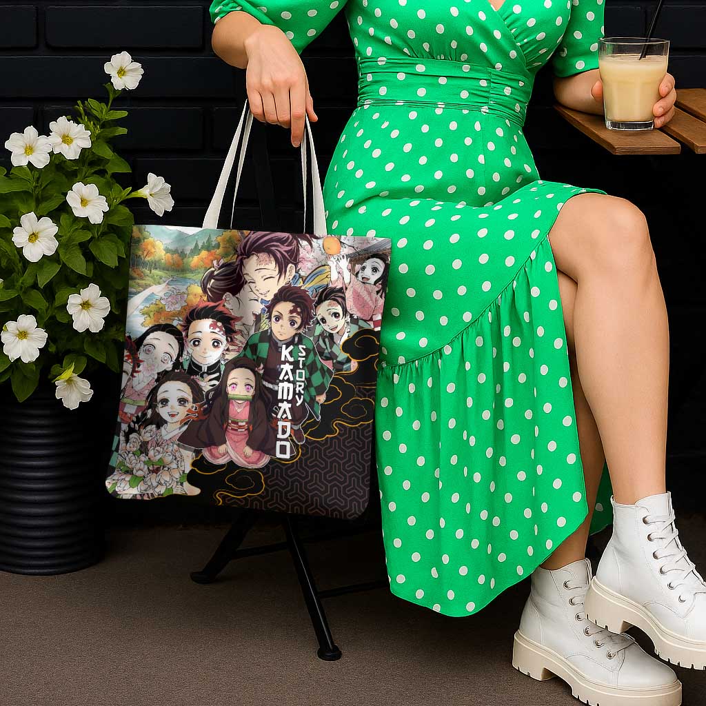 Kamado Siblings Demon Slayer Collage Design Tote Bag with Tanjiro and Nezuko in Scenic Background - The Mazicc