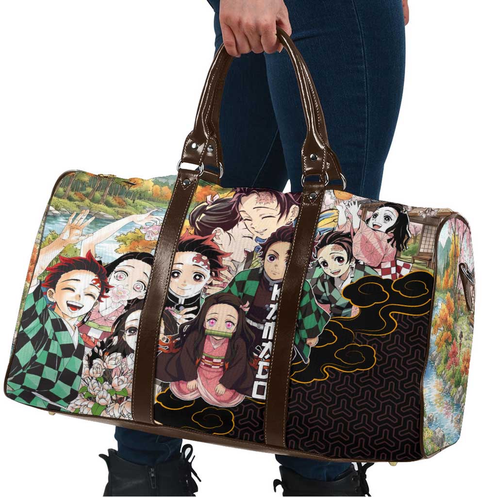 Kamado Siblings Demon Slayer Collage Design Travel Bag with Tanjiro and Nezuko in Scenic Background - The Mazicc