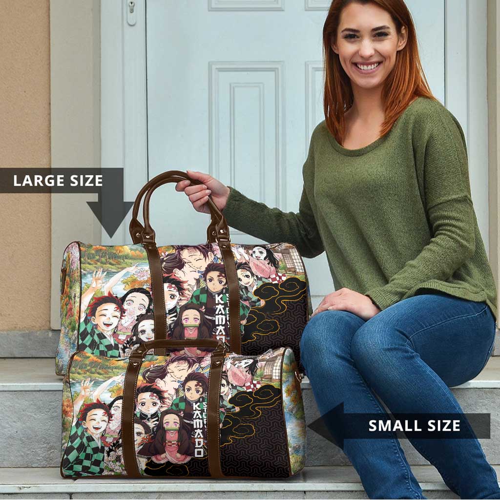 Kamado Siblings Demon Slayer Collage Design Travel Bag with Tanjiro and Nezuko in Scenic Background - The Mazicc