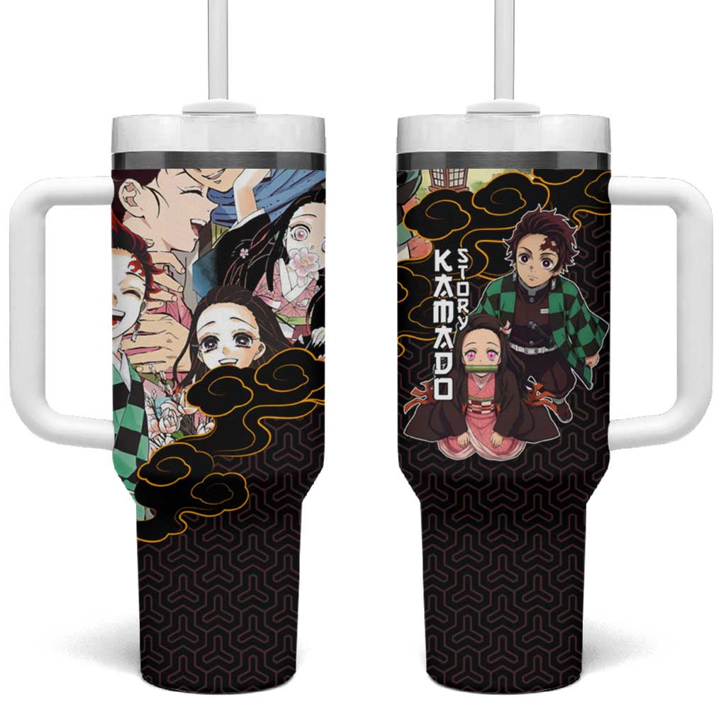 Kamado Siblings Demon Slayer Collage Design Tumbler With Handle with Tanjiro and Nezuko in Scenic Background - The Mazicc