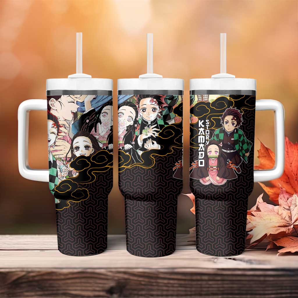 Kamado Siblings Demon Slayer Collage Design Tumbler With Handle with Tanjiro and Nezuko in Scenic Background - The Mazicc