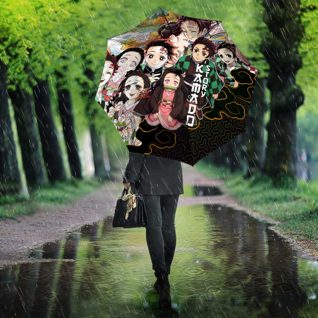 Kamado Siblings Demon Slayer Collage Design Umbrella with Tanjiro and Nezuko in Scenic Background - The Mazicc