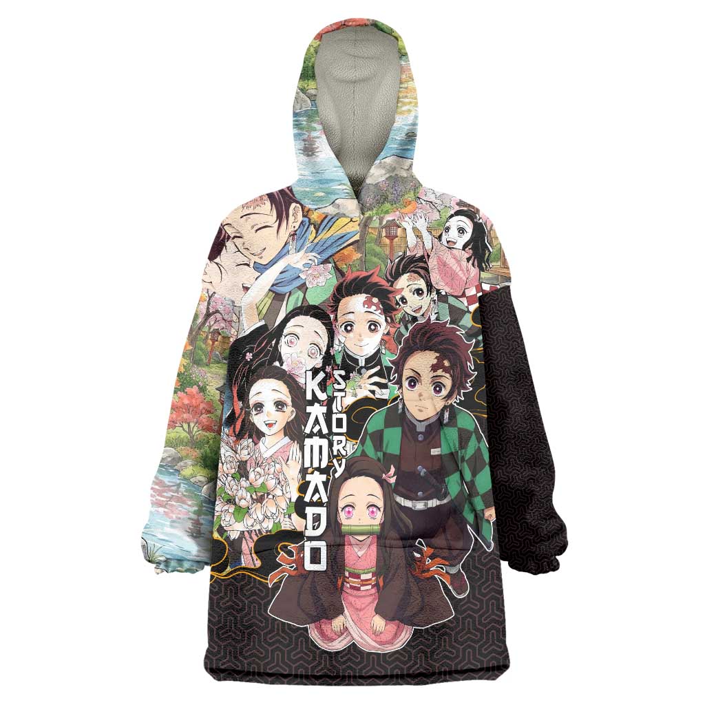 Kamado Siblings Demon Slayer Collage Design Wearable Blanket Hoodie with Tanjiro and Nezuko in Scenic Background - The Mazicc