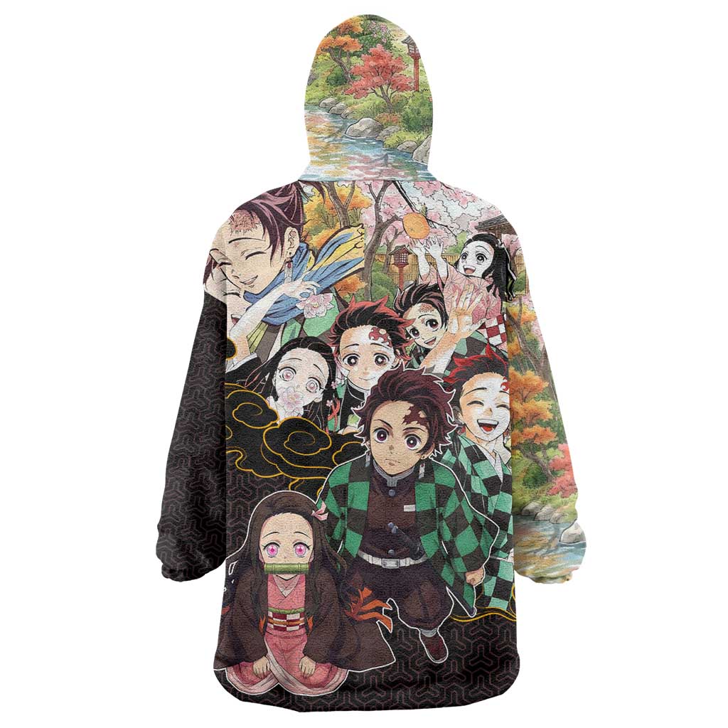 Kamado Siblings Demon Slayer Collage Design Wearable Blanket Hoodie with Tanjiro and Nezuko in Scenic Background - The Mazicc