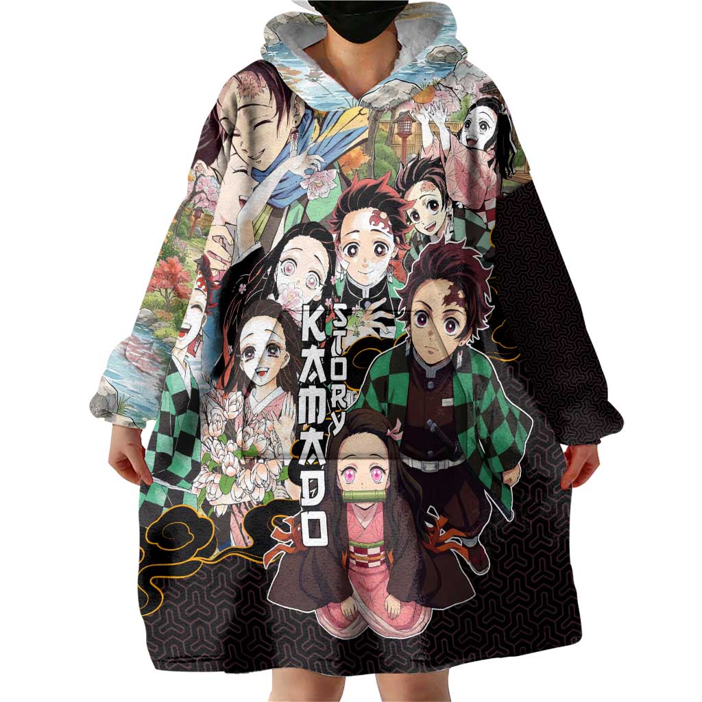 Kamado Siblings Demon Slayer Collage Design Wearable Blanket Hoodie with Tanjiro and Nezuko in Scenic Background - The Mazicc
