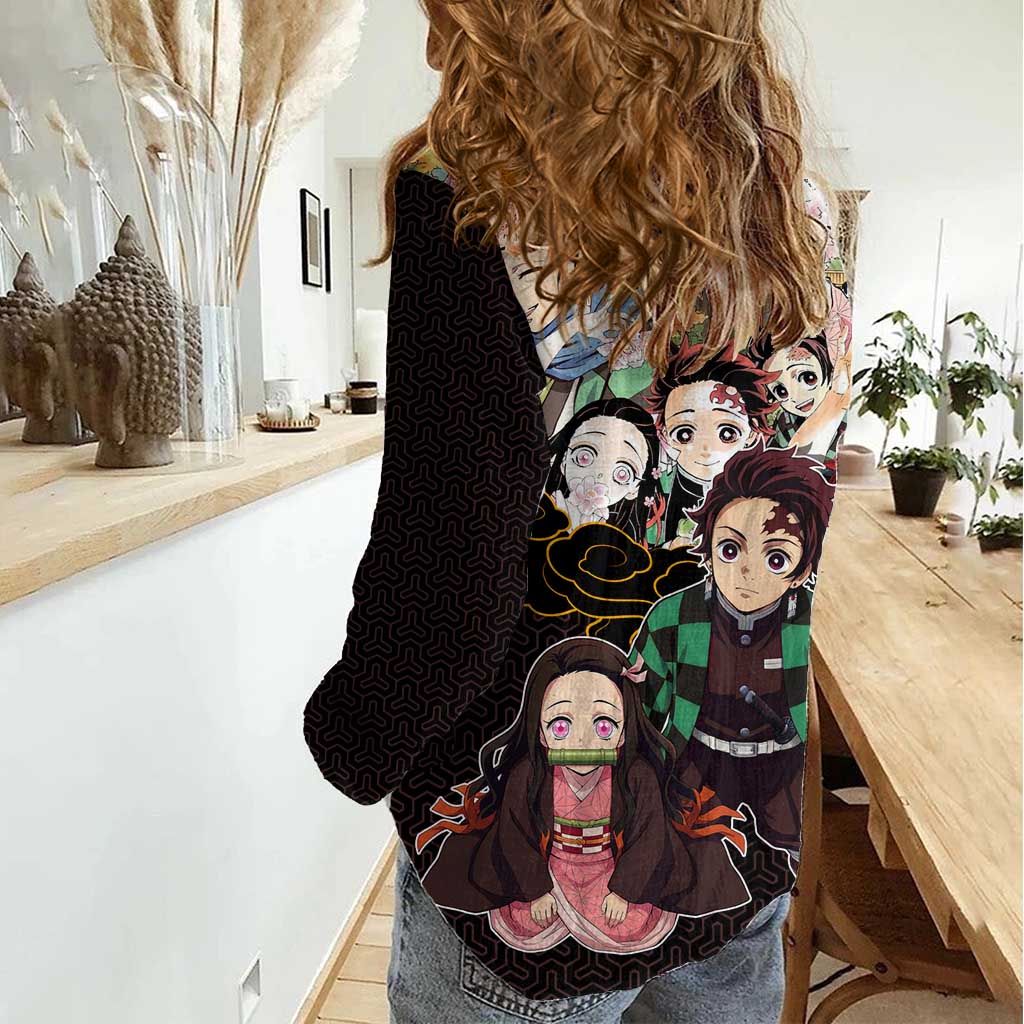 Kamado Siblings Demon Slayer Collage Design Women Casual Shirt with Tanjiro and Nezuko in Scenic Background - The Mazicc