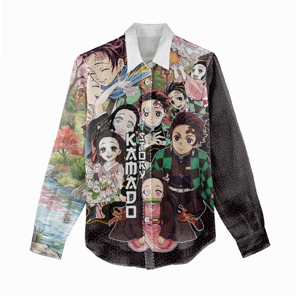 Kamado Siblings Demon Slayer Collage Design Women Casual Shirt with Tanjiro and Nezuko in Scenic Background - The Mazicc