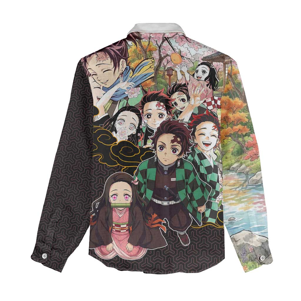 Kamado Siblings Demon Slayer Collage Design Women Casual Shirt with Tanjiro and Nezuko in Scenic Background - The Mazicc