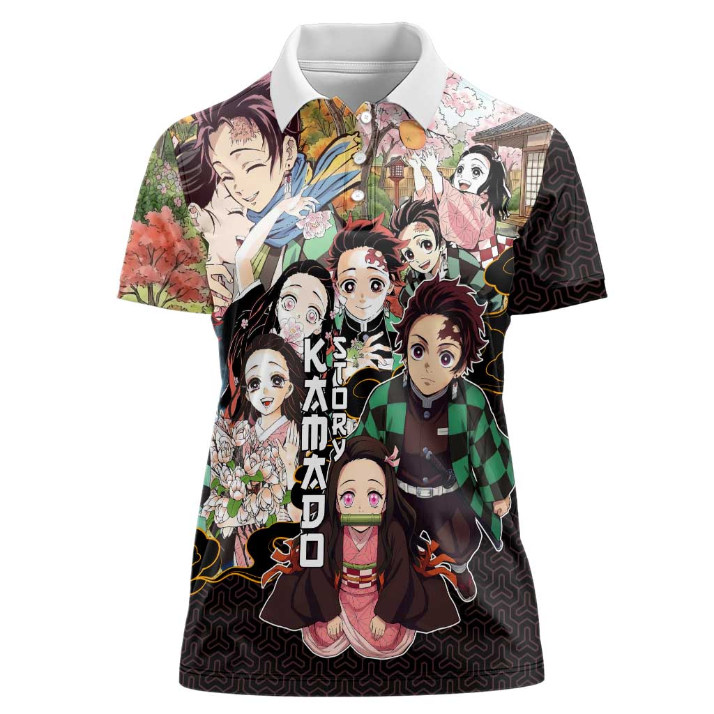 Kamado Siblings Demon Slayer Collage Design Women Polo Shirt with Tanjiro and Nezuko in Scenic Background - The Mazicc
