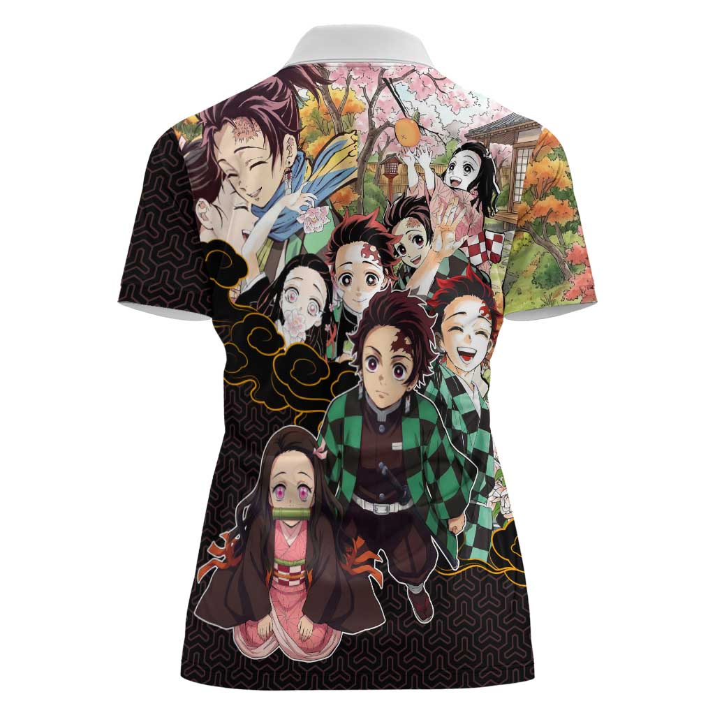 Kamado Siblings Demon Slayer Collage Design Women Polo Shirt with Tanjiro and Nezuko in Scenic Background - The Mazicc