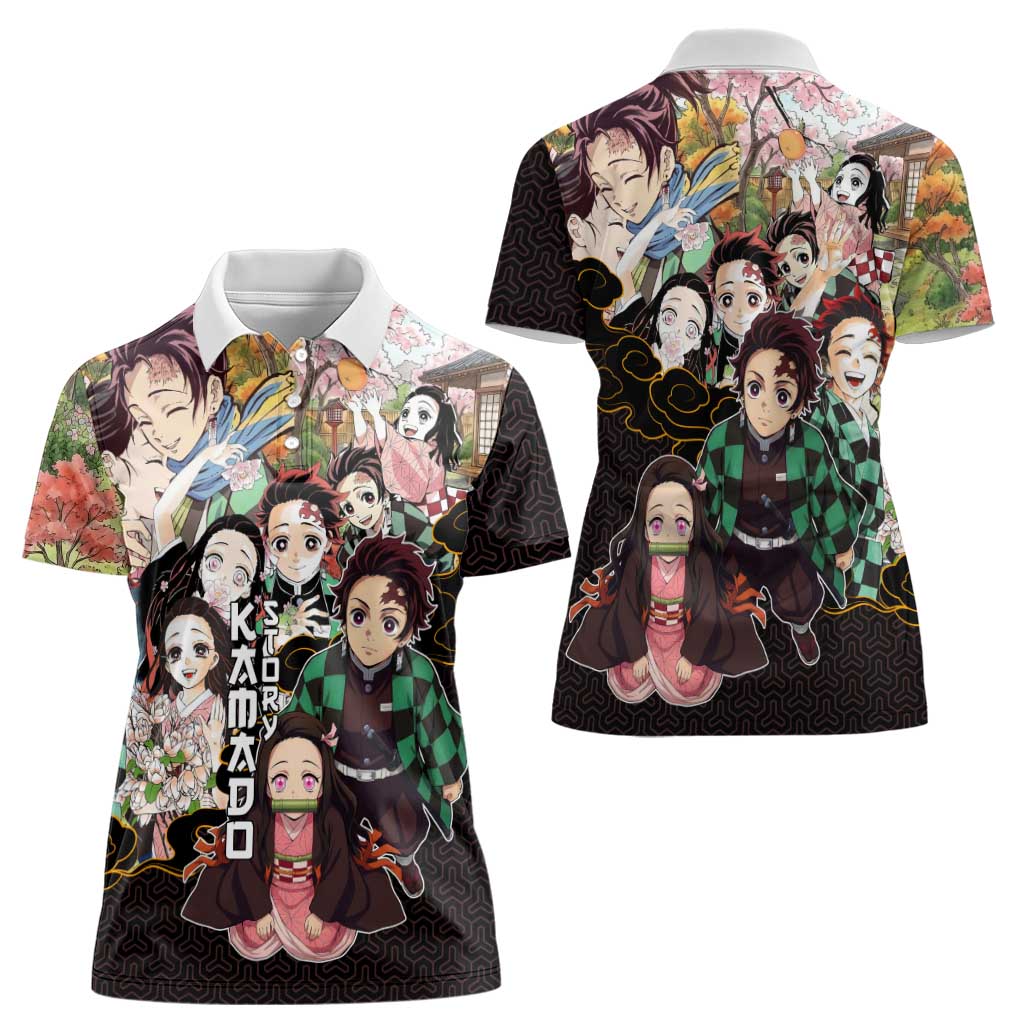 Kamado Siblings Demon Slayer Collage Design Women Polo Shirt with Tanjiro and Nezuko in Scenic Background - The Mazicc