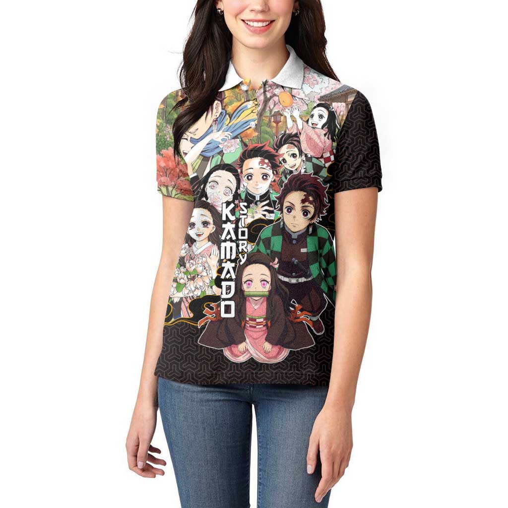 Kamado Siblings Demon Slayer Collage Design Women Polo Shirt with Tanjiro and Nezuko in Scenic Background - The Mazicc