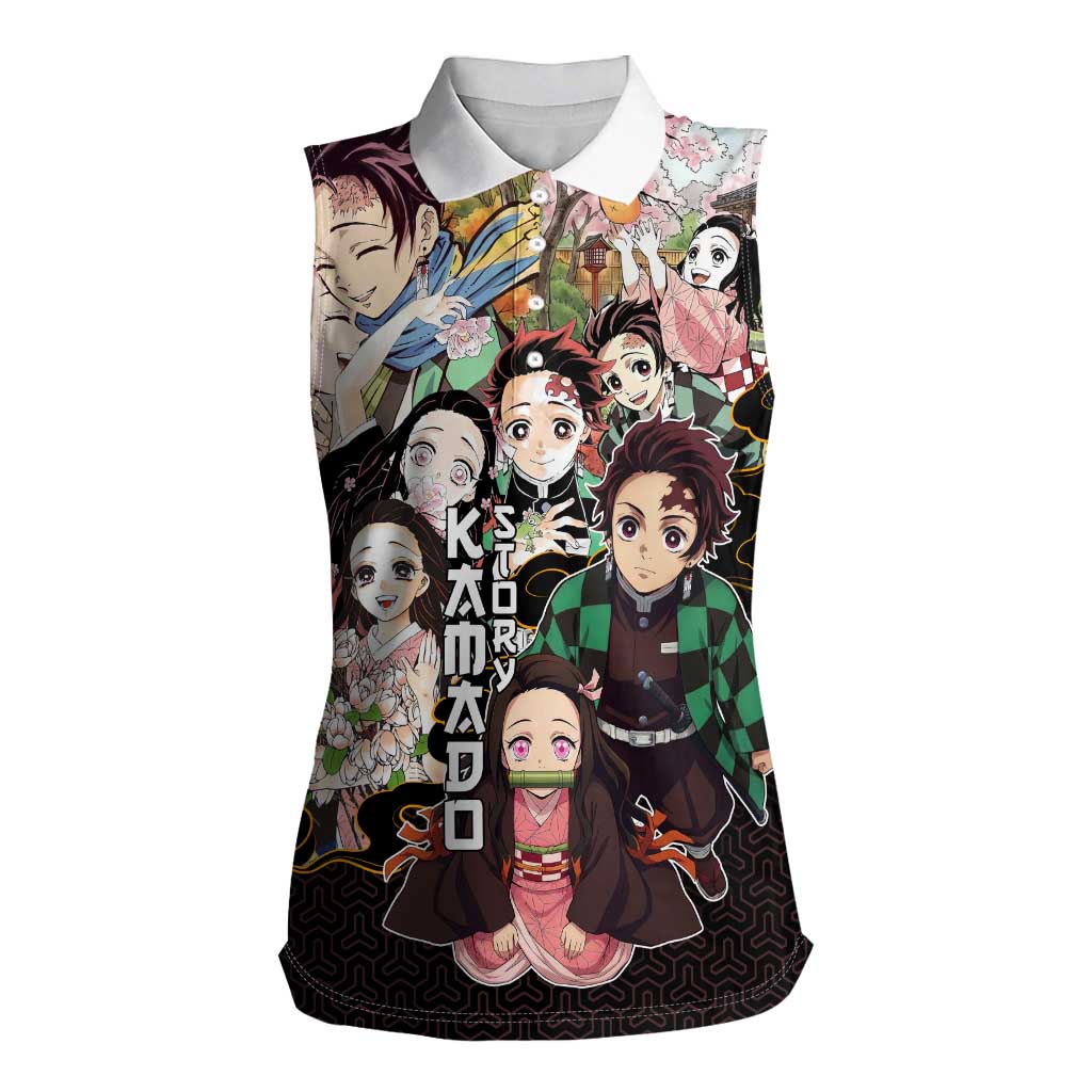 Kamado Siblings Demon Slayer Collage Design Women Sleeveless Polo Shirt with Tanjiro and Nezuko in Scenic Background - The Mazicc