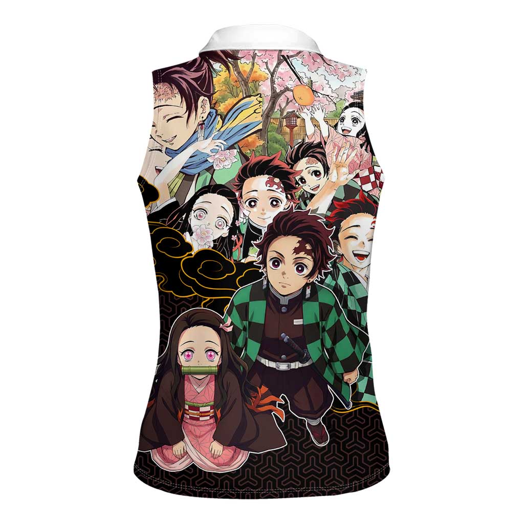 Kamado Siblings Demon Slayer Collage Design Women Sleeveless Polo Shirt with Tanjiro and Nezuko in Scenic Background - The Mazicc
