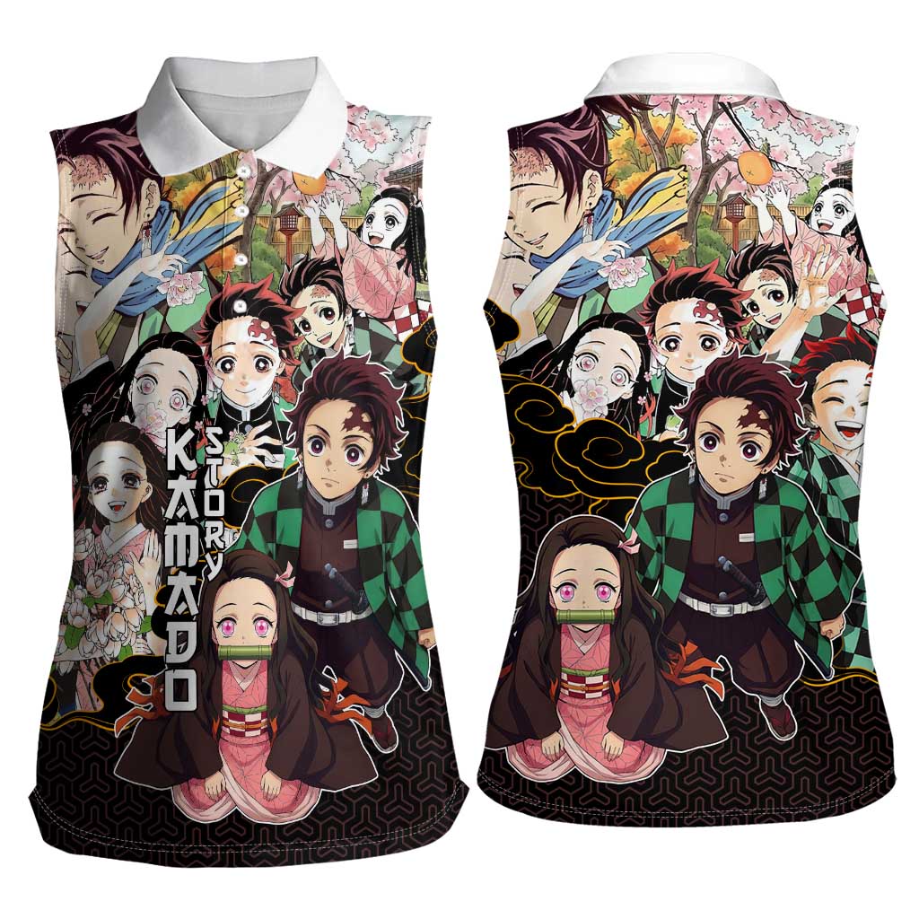 Kamado Siblings Demon Slayer Collage Design Women Sleeveless Polo Shirt with Tanjiro and Nezuko in Scenic Background - The Mazicc