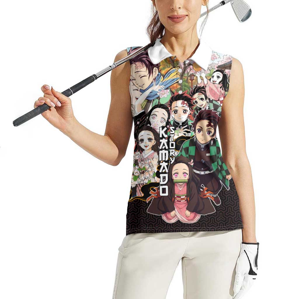 Kamado Siblings Demon Slayer Collage Design Women Sleeveless Polo Shirt with Tanjiro and Nezuko in Scenic Background - The Mazicc