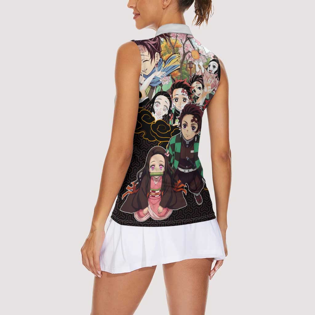 Kamado Siblings Demon Slayer Collage Design Women Sleeveless Polo Shirt with Tanjiro and Nezuko in Scenic Background - The Mazicc