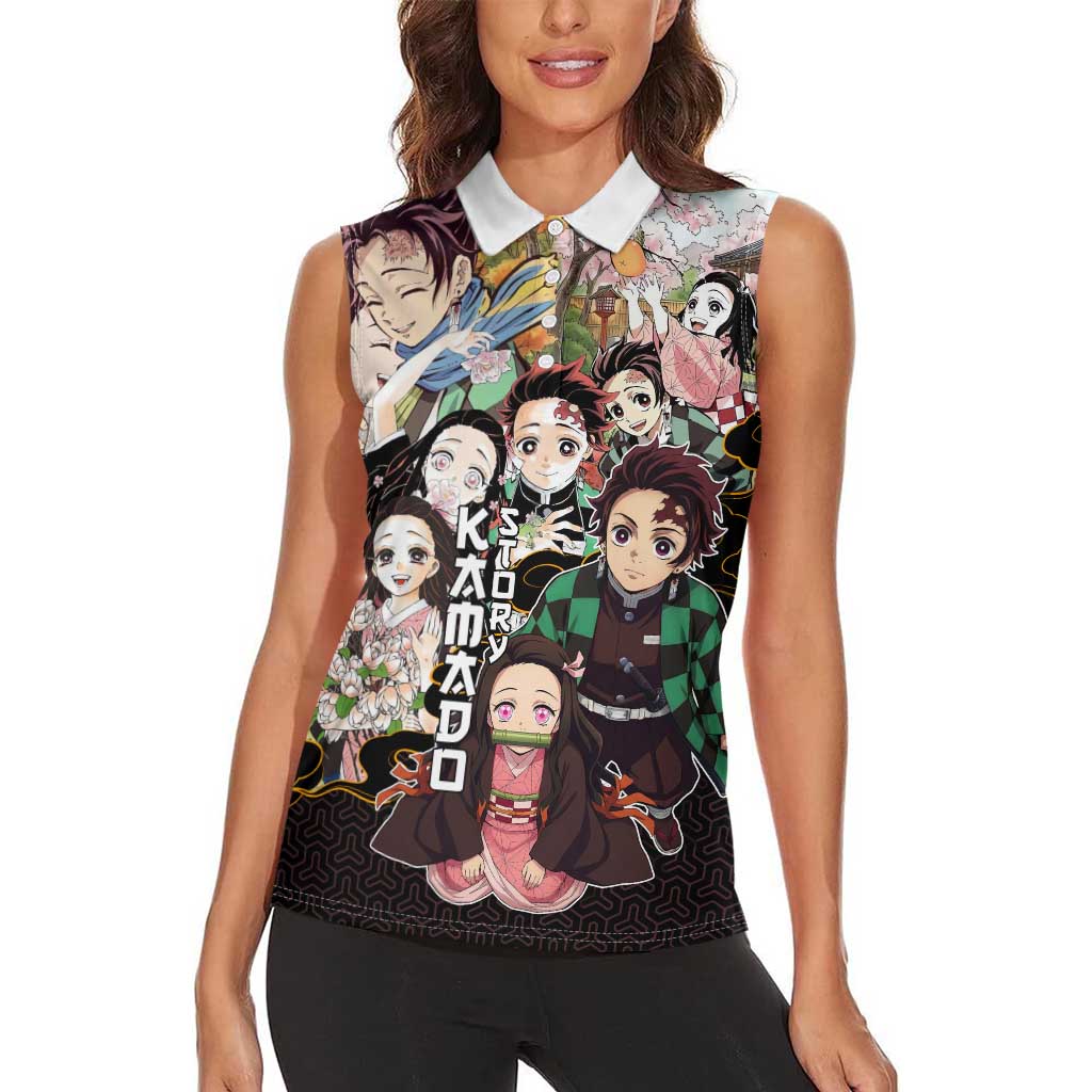 Kamado Siblings Demon Slayer Collage Design Women Sleeveless Polo Shirt with Tanjiro and Nezuko in Scenic Background - The Mazicc