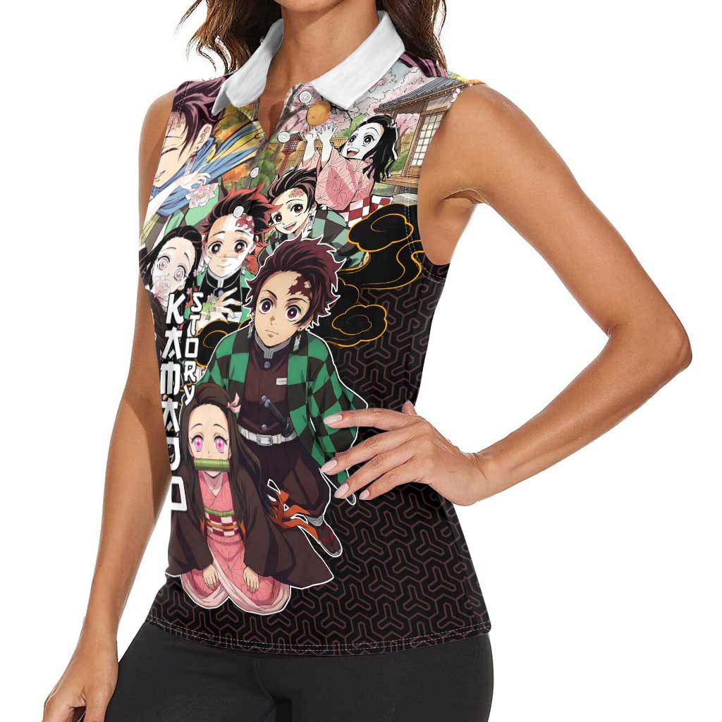 Kamado Siblings Demon Slayer Collage Design Women Sleeveless Polo Shirt with Tanjiro and Nezuko in Scenic Background - The Mazicc