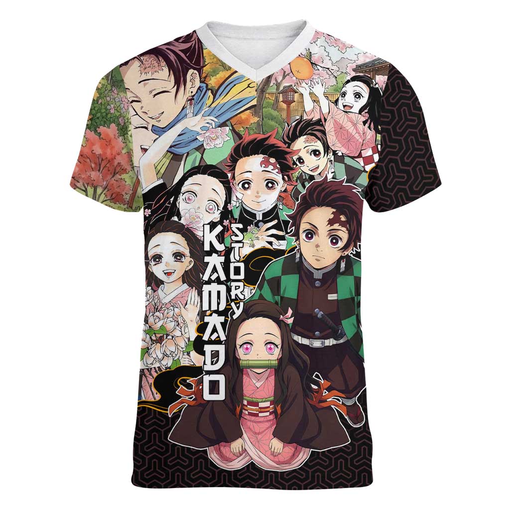 Kamado Siblings Demon Slayer Collage Design Women V-Neck T-Shirt with Tanjiro and Nezuko in Scenic Background - The Mazicc
