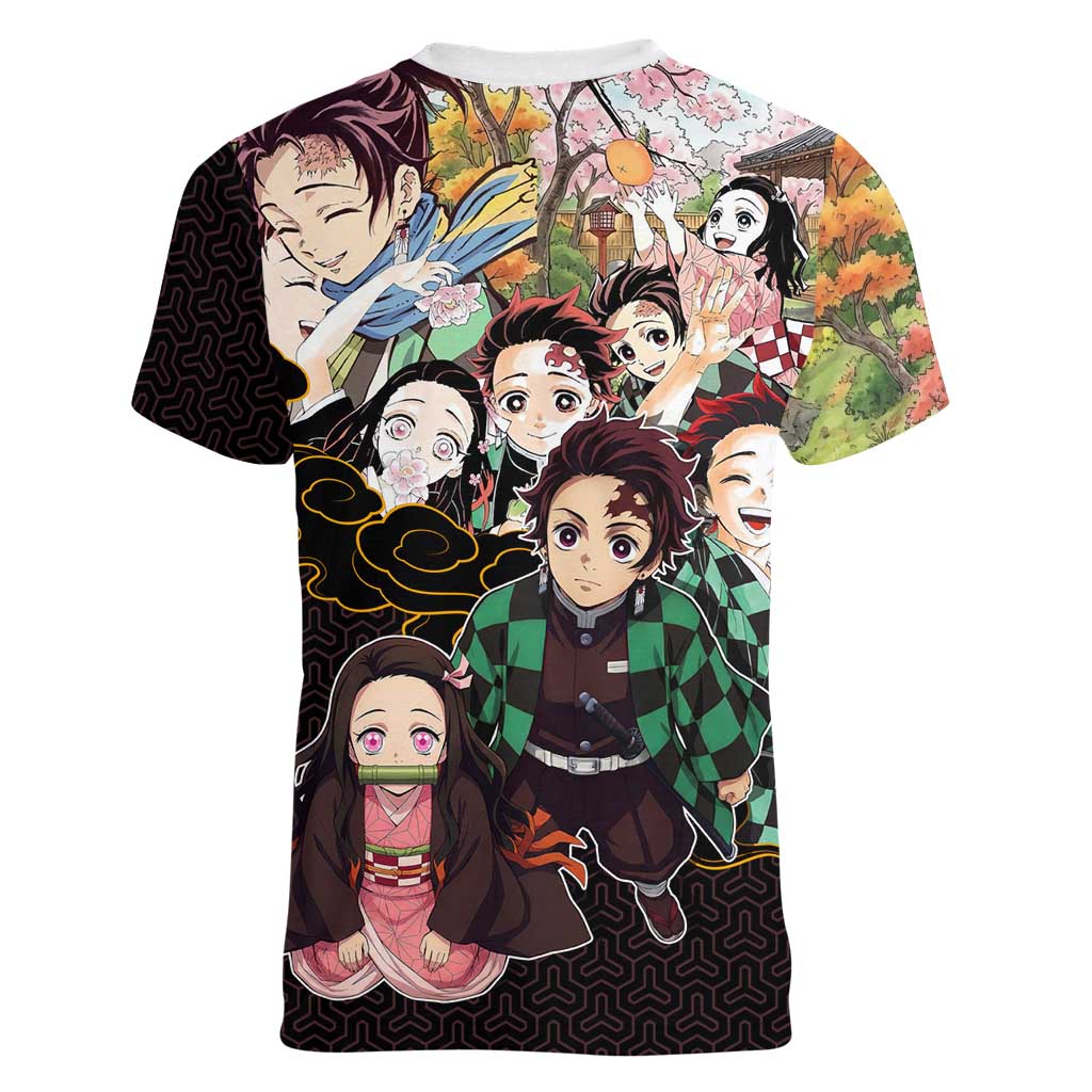 Kamado Siblings Demon Slayer Collage Design Women V-Neck T-Shirt with Tanjiro and Nezuko in Scenic Background - The Mazicc