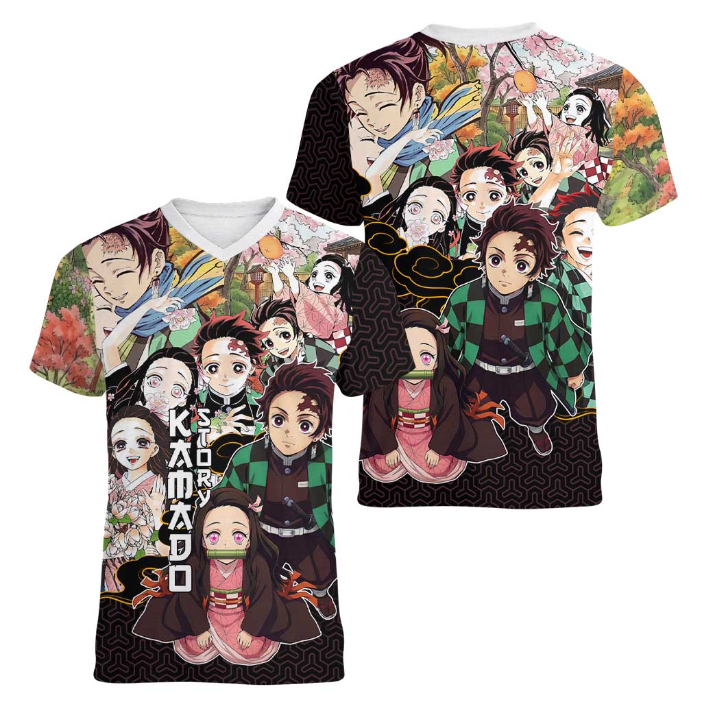 Kamado Siblings Demon Slayer Collage Design Women V-Neck T-Shirt with Tanjiro and Nezuko in Scenic Background - The Mazicc