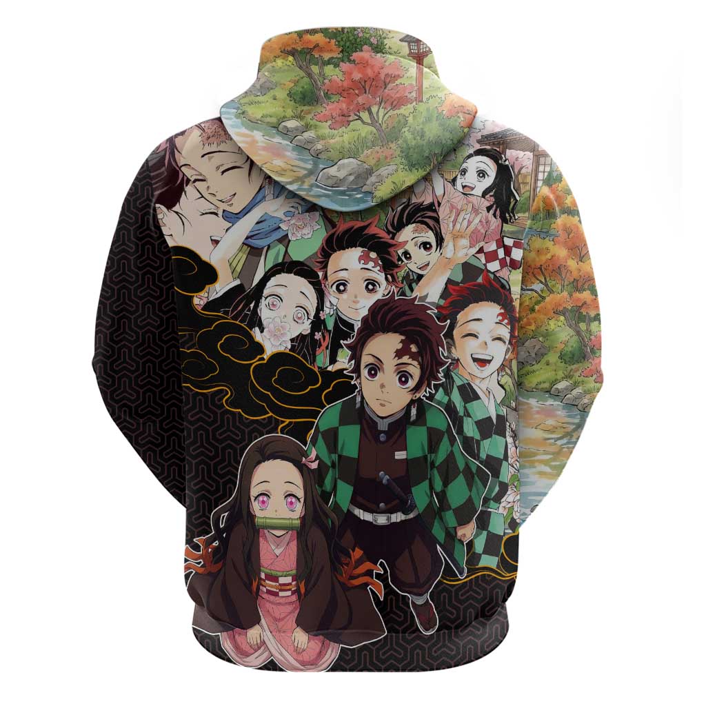 Kamado Siblings Demon Slayer Collage Design Zip Hoodie with Tanjiro and Nezuko in Scenic Background - The Mazicc