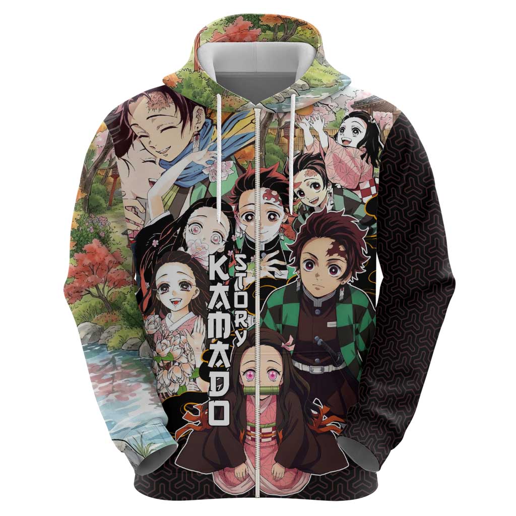 Kamado Siblings Demon Slayer Collage Design Zip Hoodie with Tanjiro and Nezuko in Scenic Background - The Mazicc