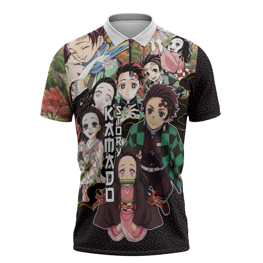 Kamado Siblings Demon Slayer Collage Design Zipper Polo Shirt with Tanjiro and Nezuko in Scenic Background - The Mazicc