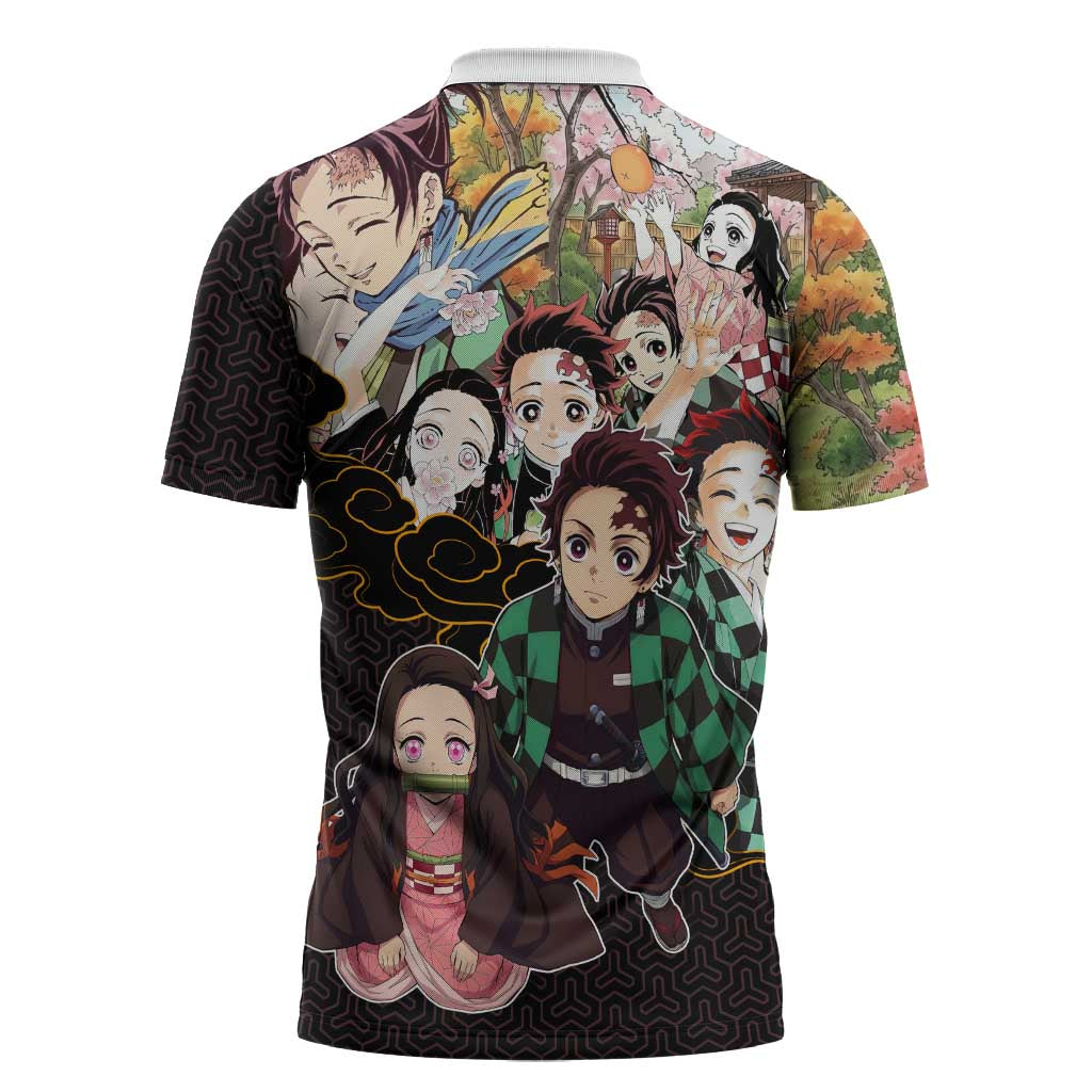 Kamado Siblings Demon Slayer Collage Design Zipper Polo Shirt with Tanjiro and Nezuko in Scenic Background - The Mazicc