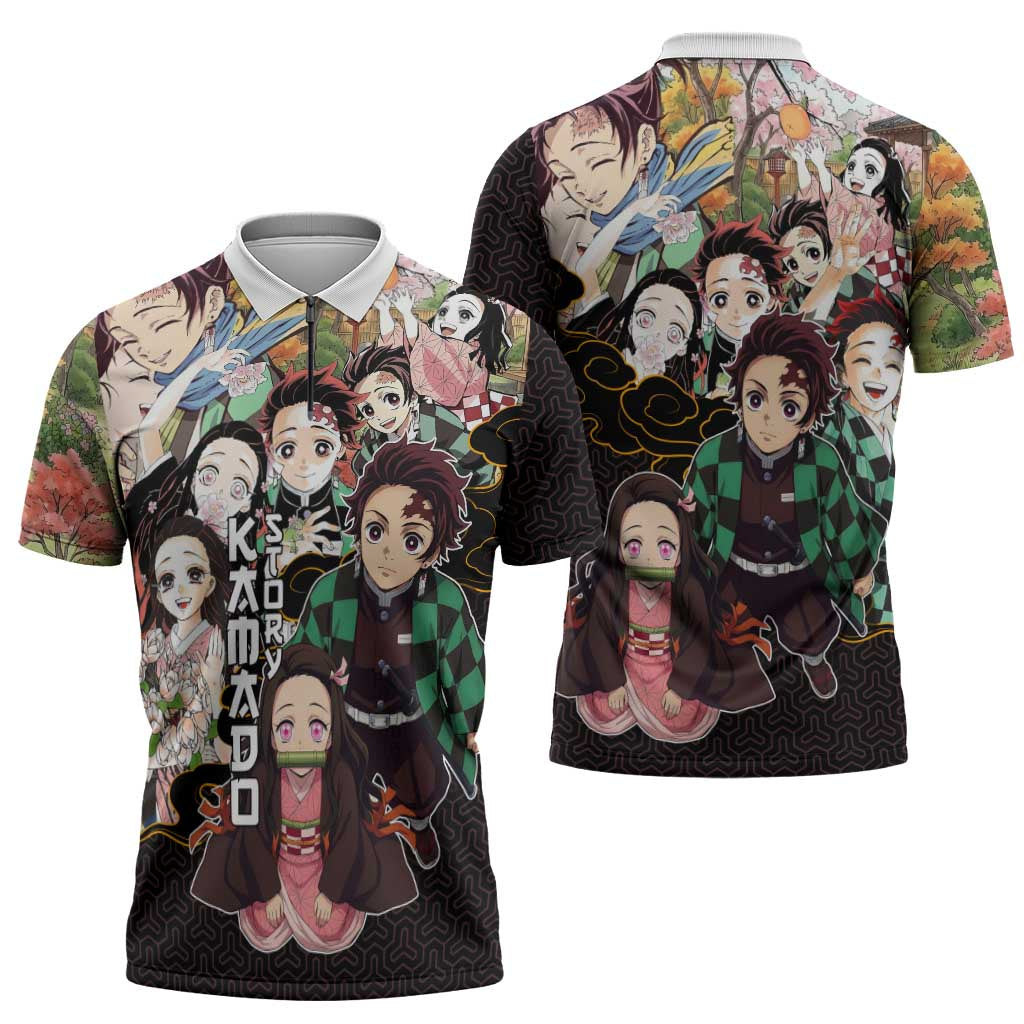 Kamado Siblings Demon Slayer Collage Design Zipper Polo Shirt with Tanjiro and Nezuko in Scenic Background - The Mazicc