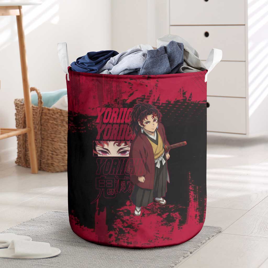 Yoriichi Tsugikuni Demon Slayer Red Grunge Design Laundry Basket with Intense Eyes and Sword Stance - The Mazicc