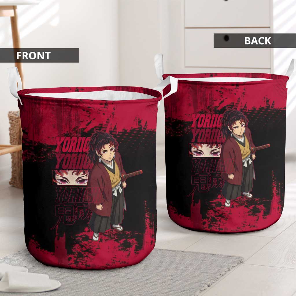 Yoriichi Tsugikuni Demon Slayer Red Grunge Design Laundry Basket with Intense Eyes and Sword Stance - The Mazicc