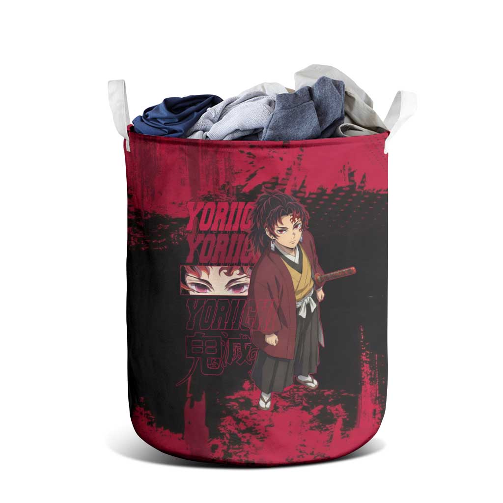 Yoriichi Tsugikuni Demon Slayer Red Grunge Design Laundry Basket with Intense Eyes and Sword Stance - The Mazicc